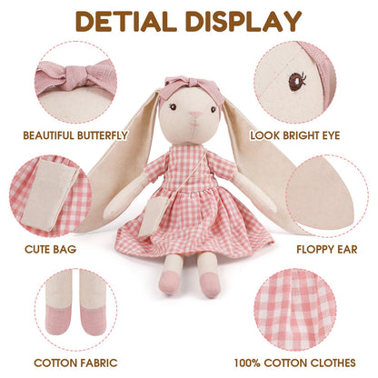 Mikee Fluffie 15" Bunny Stuffed Animal for Girls, Plush Toy Doll -Wearing Pink Plaid Dress,Cute Doll Set Dress Up for 3 4 5 Year Old Girl - Gift for Little Girl, Birthday, Easter,Christmas
