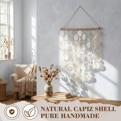 Novabright Handmade Capiz Shell Wall Decor,Boho Coastal Decor with Wooden Hanger Natural Shell Wall Ocean Art Hanging Ornaments for Living Room Bedroom Office(16x20 Inch)