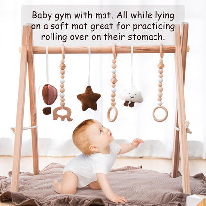 Razee Wooden Baby Play Gym Play Mat, Foldable Baby Gym with 6 Hanging Sensory Toys for Newborn Shower Gift