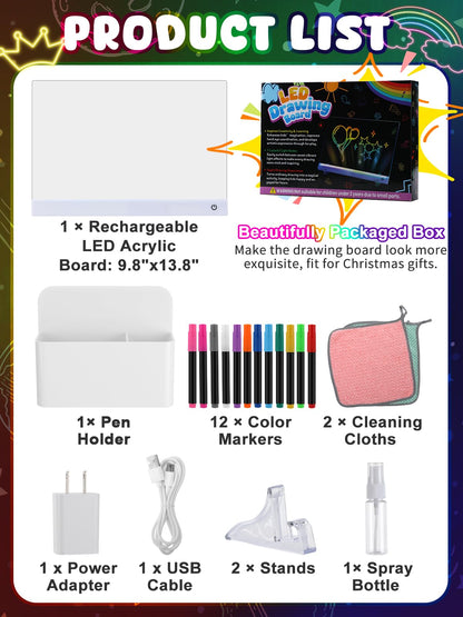 Light Up Led Drawing Board for Kids - Rechargeable 9.8"x13.8" Acrylic Led Note Board with 7 Colors & 4 Modes, Doodle Boards for Art Toys, Birthday Gifts for Grandkids