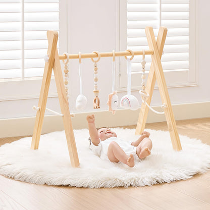 Foldable Wooden Baby Play Gym, Activity Center with 6 Sensory Hanging Toys Natural Wood Montessori Toys for Babies Indoor Gym, No-Tool Assembly Newborn for Infant Motor Development