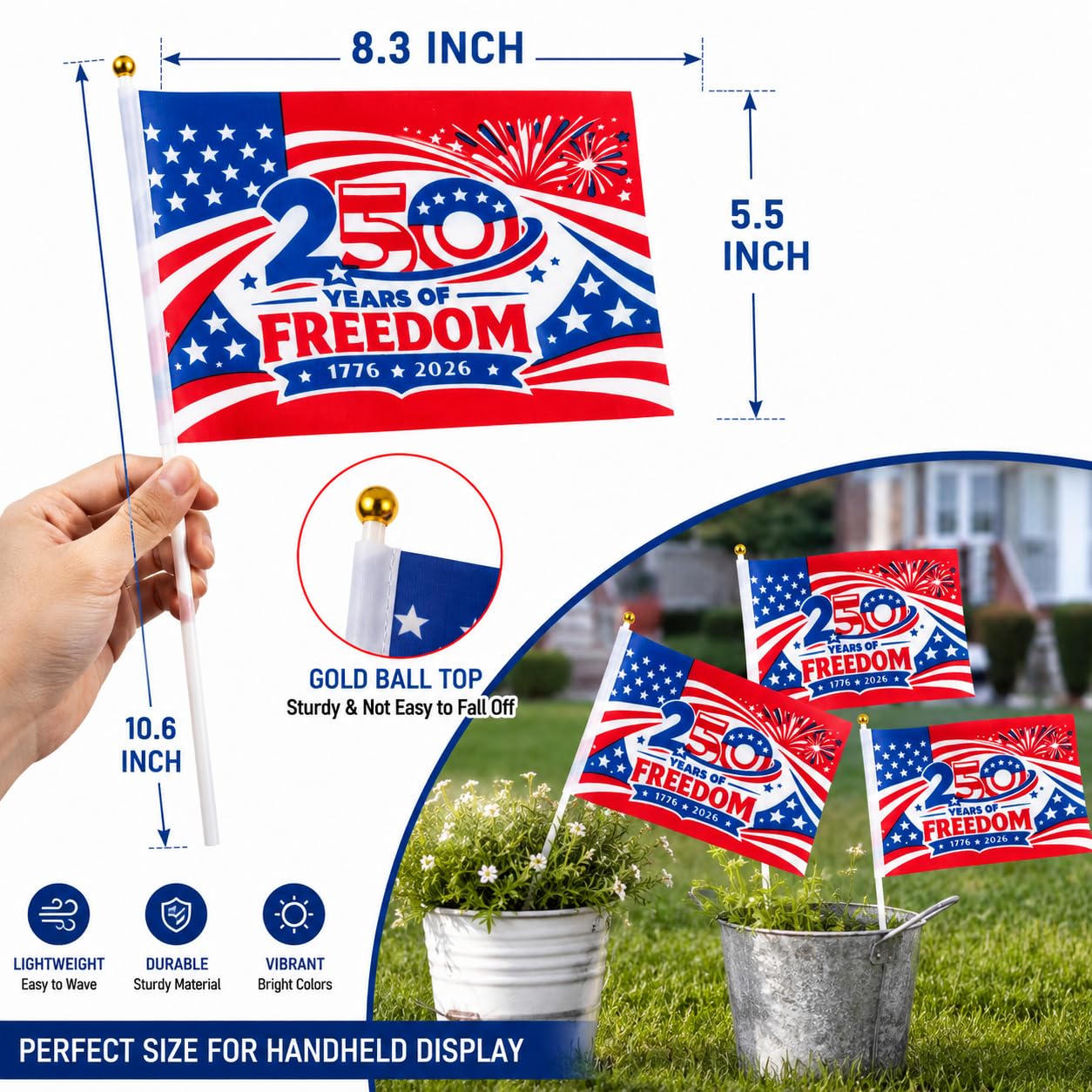 America 250th Anniversary Stick Flags 25/50 Pack – 1776-2026 Patriotic Hand Held American Flags, Small Mini USA Flags for Parade, Party, Classroom, Memorial Day, Independence Day & July 4th Decorations (50)