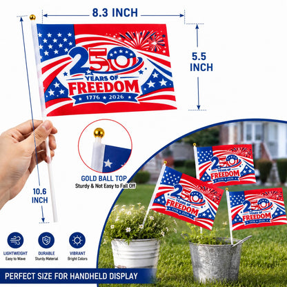 America 250th Anniversary Stick Flags 25/50 Pack – 1776-2026 Patriotic Hand Held American Flags, Small Mini USA Flags for Parade, Party, Classroom, Memorial Day, Independence Day & July 4th Decorations (25)