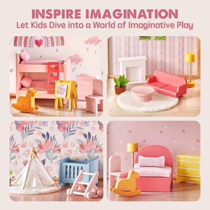 Tiny Land Wooden Dollhouse for Girls - 6 Rooms Wooden Doll House, DIY Pretend Doll House with 31Pcs Furniture Accessories, Creative Gift for Girl Ages 3+