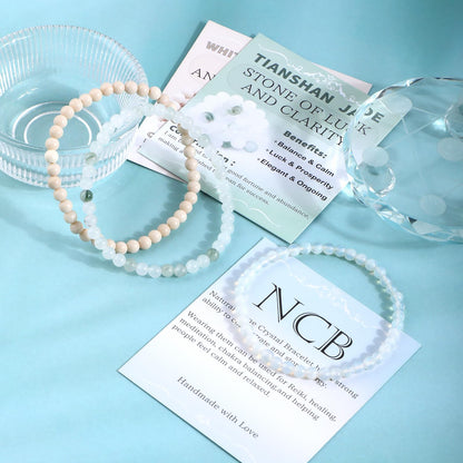 NCB 3-Piece 4mm Natural Crystal Gemstone Stretch Bracelets – ﻿Opalite, Tianshan Jade, White Fossil Jasper Handmade Reiki Energy Healing Jewelry for Meditation,Yoga, Unisex