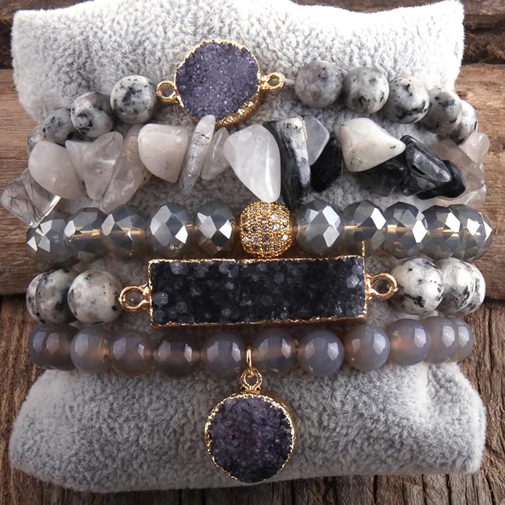 Yomisa 5PCS Natural Boho Beaded Bracelets for Women Men,Healing Turquoise Jasper Agate Crystal Gemstone Stone Diamond Chakra Multilayer Wrap Bohemian Handmade Jewelry Beads Stretch Bracelet Set