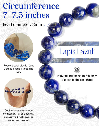 Landorilo Beaded Bracelet for Men Women, 8mm Natural Stone Lapis Lazuli Healing Crystal Stretch Bracelets, Ideal Christmas Birthday Jewelry Gifts with Energy Card，Replacement Beads Included