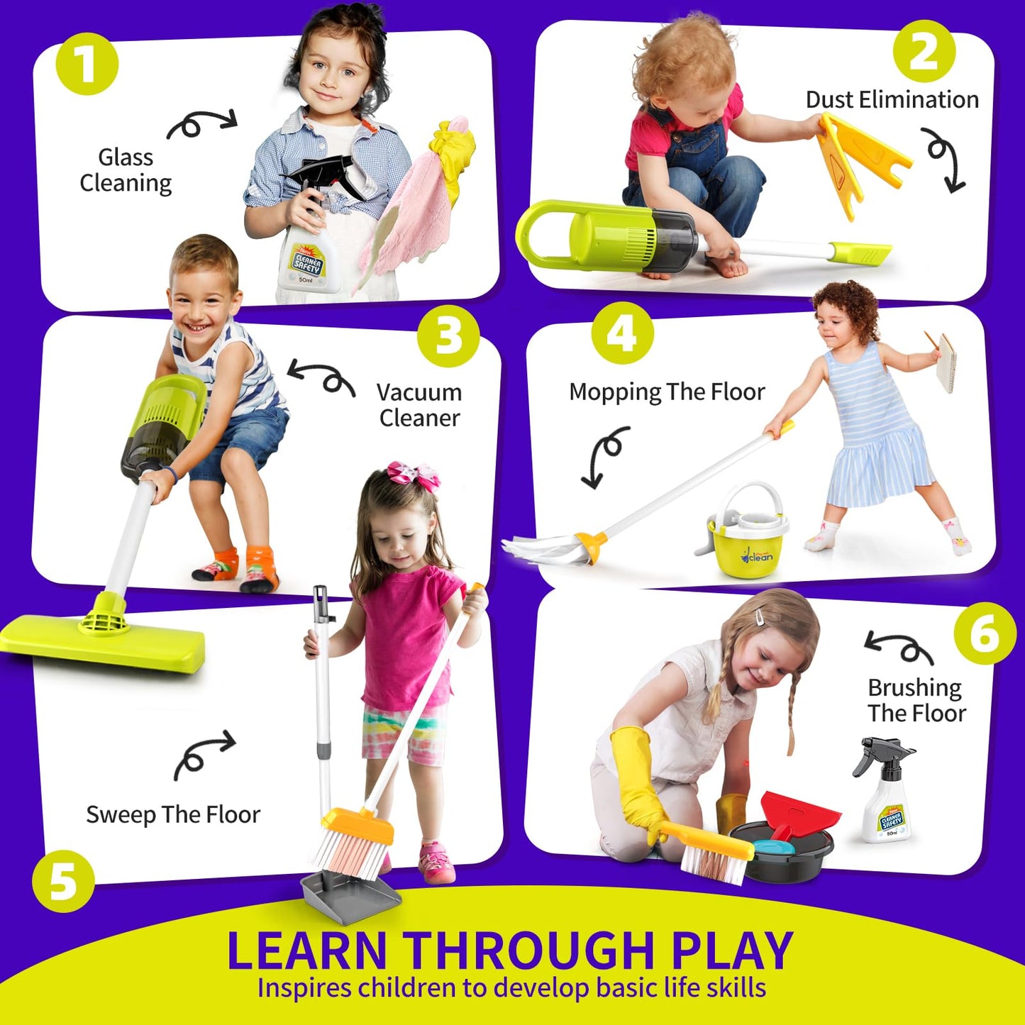 PUPU PIG Toddler Toys Cleaning Set, Kids Cleaning Toy Set, Pretend Play Home Cleaning Playset - Incl.Electric Toy Vacuum, Broom and Dustpan Set, Mop,Duster and More,Cleaning Tools Toys for Boys Girls