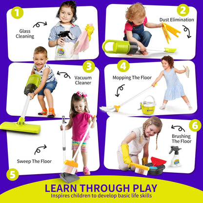 PUPU PIG Toddler Toys Cleaning Set, Kids Cleaning Toy Set, Pretend Play Home Cleaning Playset - Incl.Electric Toy Vacuum, Broom and Dustpan Set, Mop,Duster and More,Cleaning Tools Toys for Boys Girls