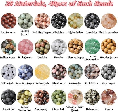 Basigeese 1120pcs Natural Stone Beads Polished Beading 6mm Loose Beads Gemstone Crystal Energy Stone Healing Power for DIY Jewelry Making (6mm 28 Materials A)