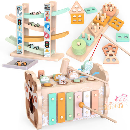 Weilim Montessori Toys for 1 Year Old, Wooden Car Ramp & Hammering Pounding Xylophone Toy for Toddlers 1-3, Shape Sorter Stacking Blocks, Educational Fine Motor Activity Toys Gift for Baby Boy Girl