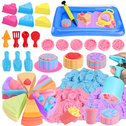 Crelloci Cake Play Sand Toys, Sensory Bin with 3 Colors Sand, Inflatable Sandbox & Air Pump, 12 Cake & 5 Shaped Molds, Tools, Art Kit Gift for Kids Toddlers Girls Boys Ages 3 4 5 6 7 8 9 Years Old