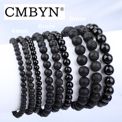 CMBYN 3-Pieces 4mm Natural Crystal Gemstone – ﻿Black Lava, Black Onyx, Matte Black Agate Handmade Reiki Energy Healing Stretch Bracelets Jewelry for Yoga, Meditation, Unisex