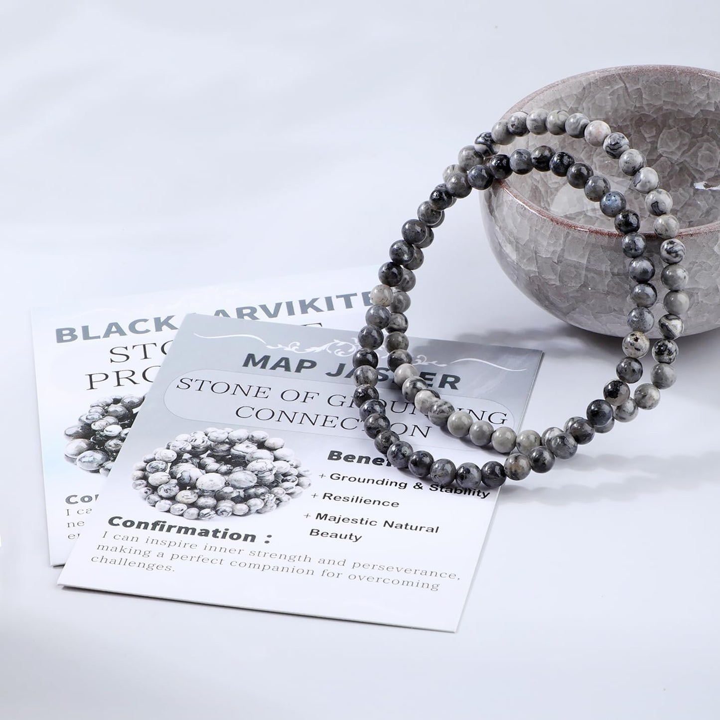 NCB 2-Piece 4mm Natural Crystal Gemstone Stretch Bracelets – ﻿Black Larvikite, Map Jasper Handmade Reiki Energy Healing Jewelry for Meditation,Yoga, Unisex