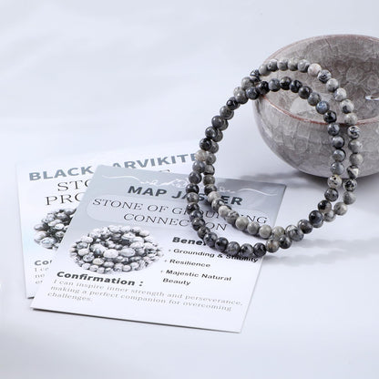 NCB 2-Piece 4mm Natural Crystal Gemstone Stretch Bracelets – ﻿Black Larvikite, Map Jasper Handmade Reiki Energy Healing Jewelry for Meditation,Yoga, Unisex