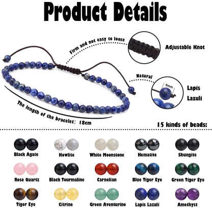 BONNY BOXX Braided Genuine 4mm Lapis Lazuli - Stone of Wisdom - Bracelet, Elegant Handcrafted Natural Gemstone Crystal Bracelet Healing Power Energy Inspirational Gifts with Card for Unisex