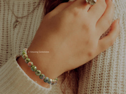 Amazing Gemstone Unakite Bracelet for Women - Chakra Mens Bracelet Protection Crystals and Healing Stones - Blessing Spiritual Meditation Stocking Stuffers (Faceted Beaded Bracelet)