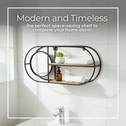 Metal And Wood Wall Shelf – Storage Shelf With Mirror And Open Shelves, Entryway Or Bathroom Wall Home Decor, Industrial Wall Organizer For Keys, Mail, And Display – 23" x 5" x 10", Brown Black