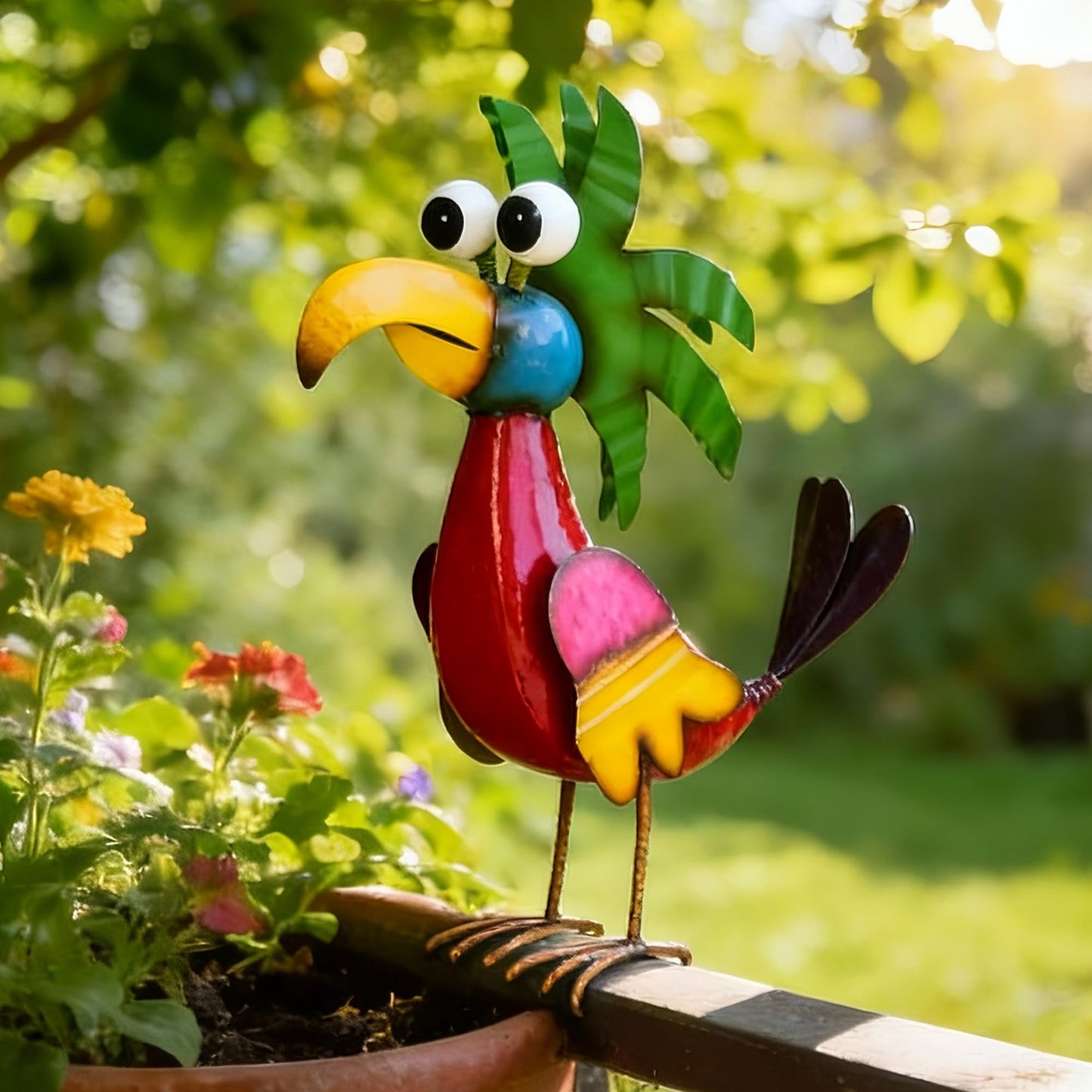 Ultym 19.7" Unique Cartoon Tiki Bird Decor, Handcrafted Large Parrot Sculpture with Ground Stake, Weatherproof Metal Yard Art for Patio, Lawn, Balcony or Indoor Home Decor, Ideal for Parties & Gifts