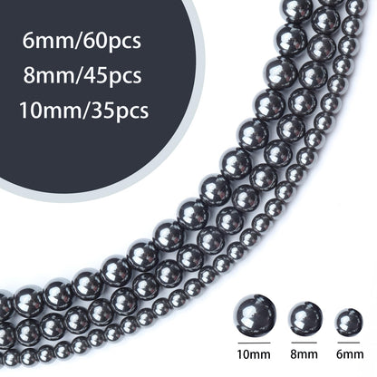 Siomia 60pcs 6mm Natural Black Hematite Beads Energy Healing Crystal Round Loose Stone Beads for Jewelry Making, DIY Bracelets Necklaces