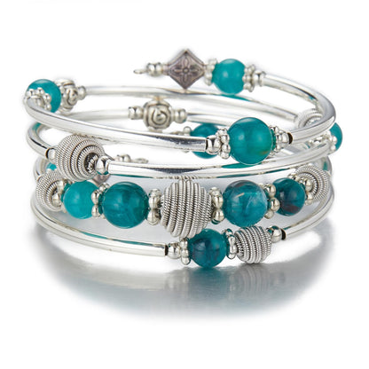 PEARL&CLUB Beaded Chakra Bangle Turquoise Bracelet - Fashion Jewelry Wrap Bracelet with Thick Silver Metal and Mala Beads, Birthday Gifts For Women(Sea green)