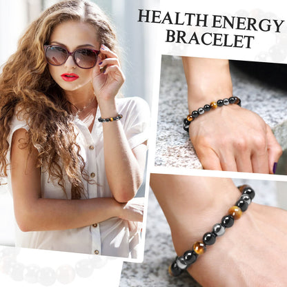Denchy Triple Protection Bracelet, Tigers Eye - Black Obsidian and Hematite Beaded Bracelets for Men Women, Tourmaline Spiritual Natural Crystal Stone Luck Bracelet, Birthday Mother's Day Gift (8mm)