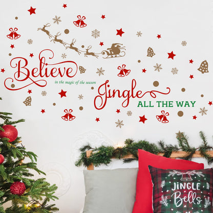 Hotop 4 Sheets Christmas Wall Decals Believe Quote Wall Stickers Christmas Wall Decor Reindeer Snowflakes Window Clings Vinyl Wall Art Decal Removable for Christmas Party Supplies Home Window Decor