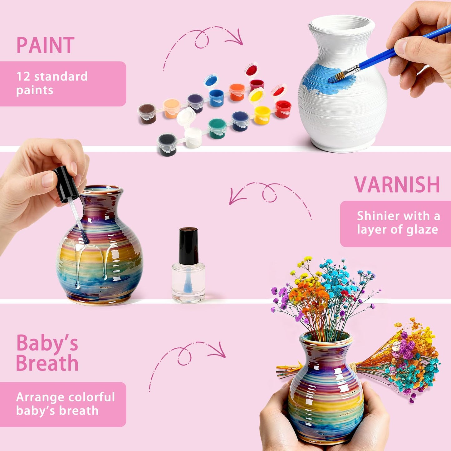 Mini Pottery Wheel for Kids - Pottery Painting Craft Kit with 2.3in Turntable, Clay, Flowers, Mess Free Arts and Crafts for Kid Ages 8-12, Birthday Christmas Gift Toy for Girls Ages 6-12+, Pink