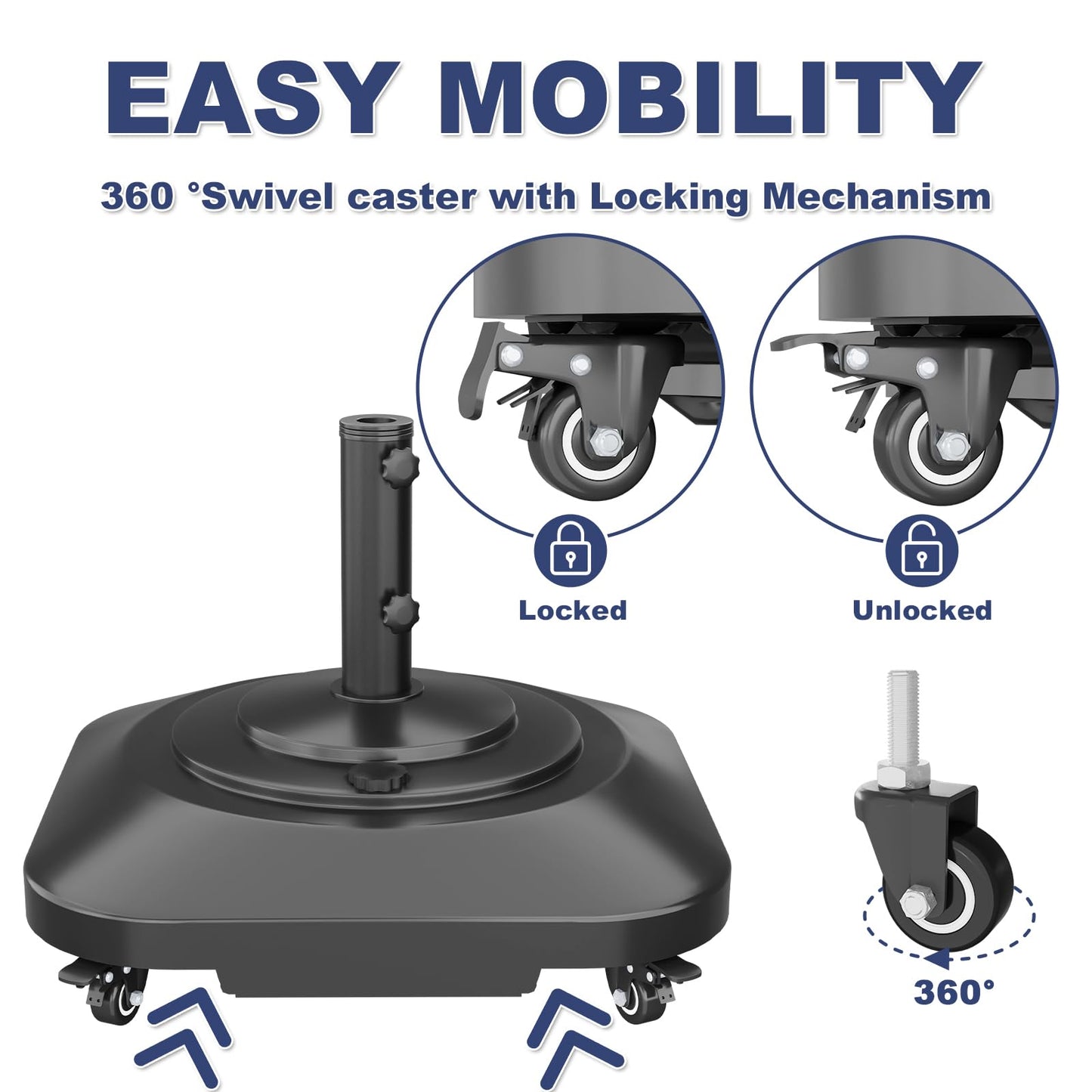 PGGP Patio Umbrella Base Heavy Duty with Wheels, Max 100lb Fillable Umbrella Stand Mobile Square Market Stand, Windproof Outdoor Umbrella Holder for Deck, Poolside, Lawn, Fits Muti Sized Umbrellas