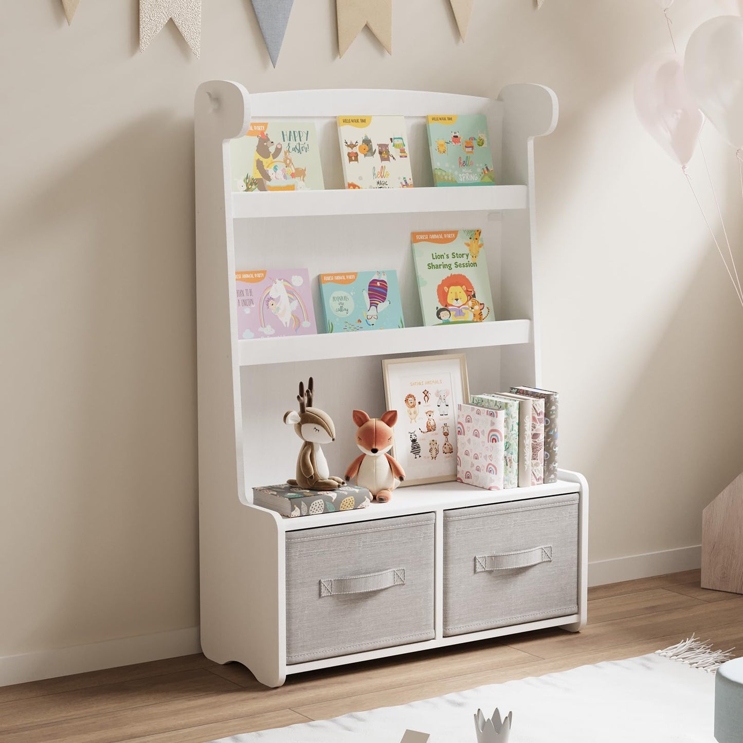 WISUCART Kids Bookshelf and Toy Storage Organizer, 3 Tier Bamboo Todders Book Shelf Large Book Rack for Child Room Playroom Nursery for Kids, Children, Toddlers (White)
