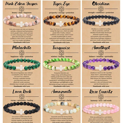 SHINUS BOHO Dainty Christian Cross Green Turquoise Gemstone Beaded Religious Cross Crystal Chakra Bracelets for Women Men Natural Worry Stone Healing Stretch Best Friends Jewelry Gift