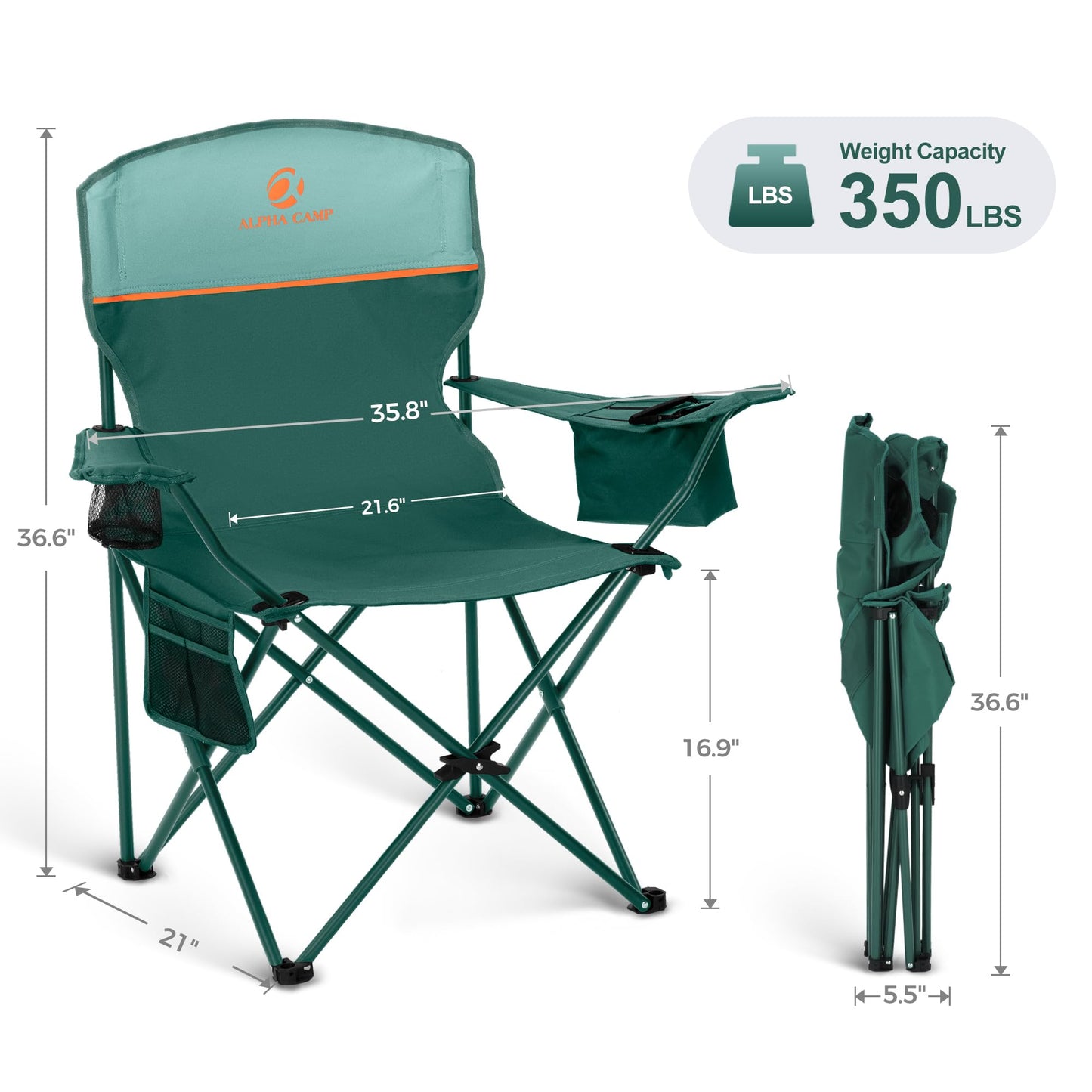 LET'S CAMP Camping Chair 2 Pack Folding Chair with 4-Can Cooler Bag Portable Lawn Chair with Cup Holder,Storage Pocket, Supports 350LBS, Collapsible Chair for Camp, Beach, Picnic (Green)