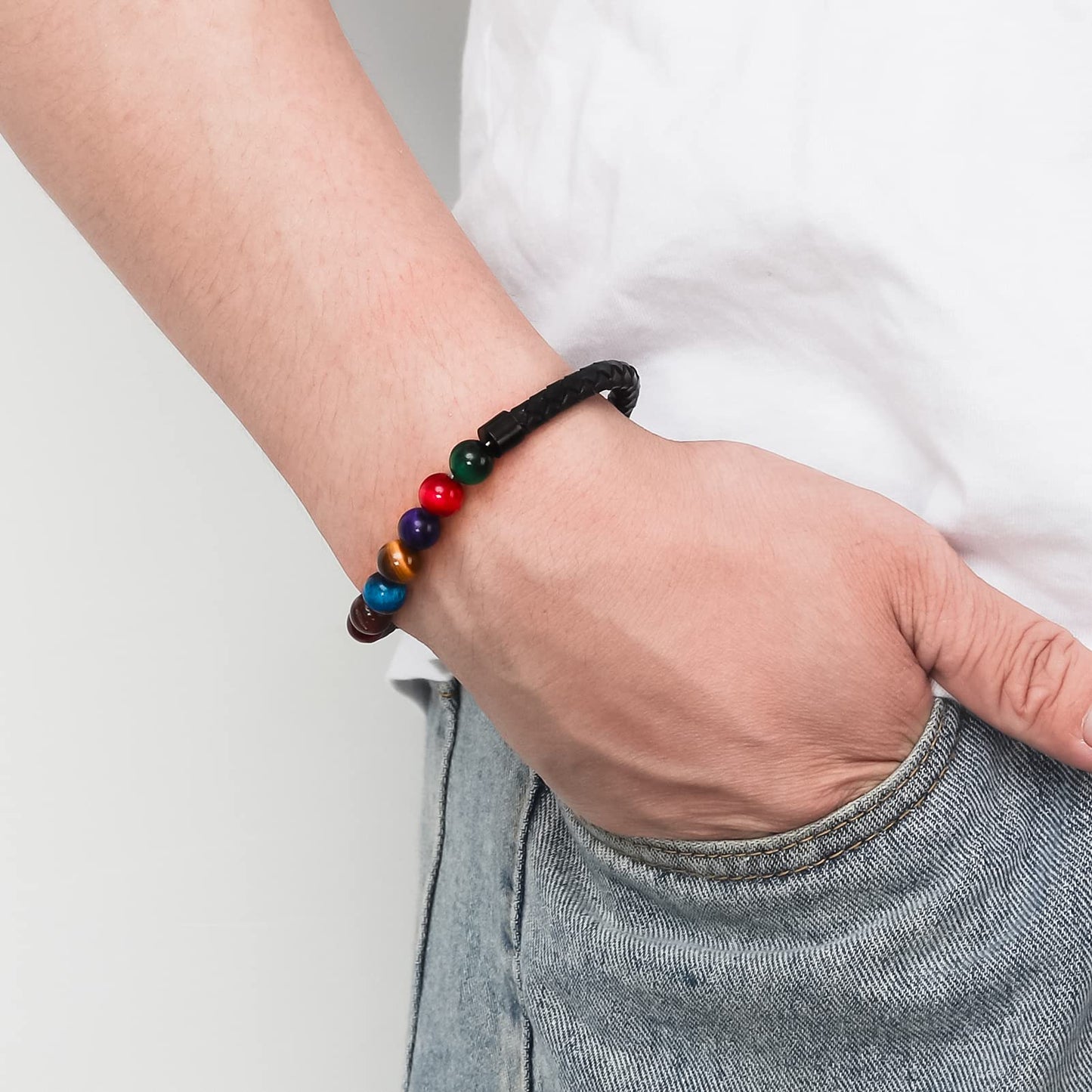 Ckysee 7 Color Tiger Eye Stone Healing Balancing Genuine Leather Beads Bracelet Magnetic Clasp Bracelet 8.5"