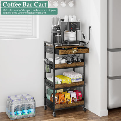 XYZLVSI 4 Tier Rolling Utility Cart Organizer with Removable Drawer, Small Coffee Stand Station with Wheels, Metal Craft Storage Cart for Living Room, Entryway, Bathroom, Office, Makeup