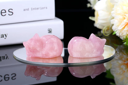 YATOJUZI 2" Cat Decors Statue Pink Home Office Desk Decor Rose Quartz Crystals Sleeping Cats Gemstone Hand-Carved Cute Crystal Animal Statues Figurine Kitten Ornaments Gifts for Women