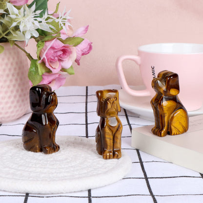 Artistone 2" Tiger Eye Stone Dog Crystal Animals Figurine Carved Gemstone Puppy Dog Statue Sculpture Craft Gift Home Decor