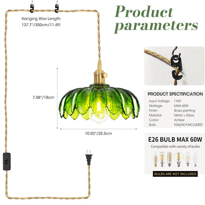 Beser·Win Plug in Pendant Light, Hanging Lights with Plug in Cord, Hanging Light Fixture with Green Glass, E26 Pendant Lighting for Kitchen Island, Bedroom, Dining Room, Living Room