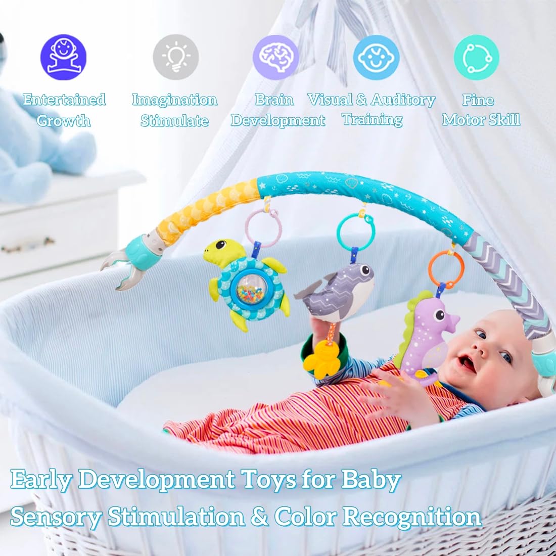 BATOHO Baby Stroller Arch Toy, Clip On Arch Mobile for Bassinet with Universal Clamps, Activity Toy Bar for Bouncer Musical Crib Mobile Toys for Infants Car Seat Toys Rattle Turtle Music Whale