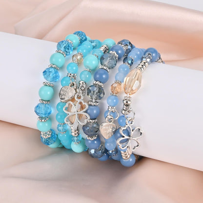 Bohemian Bracelet Sets for Women - 6 Sets Stackable Stretch Bracelets Multi-color Boho Jewelry for Women Hippie Bracelets Dainty Jewelry (Lucky grass stretch bracelet)