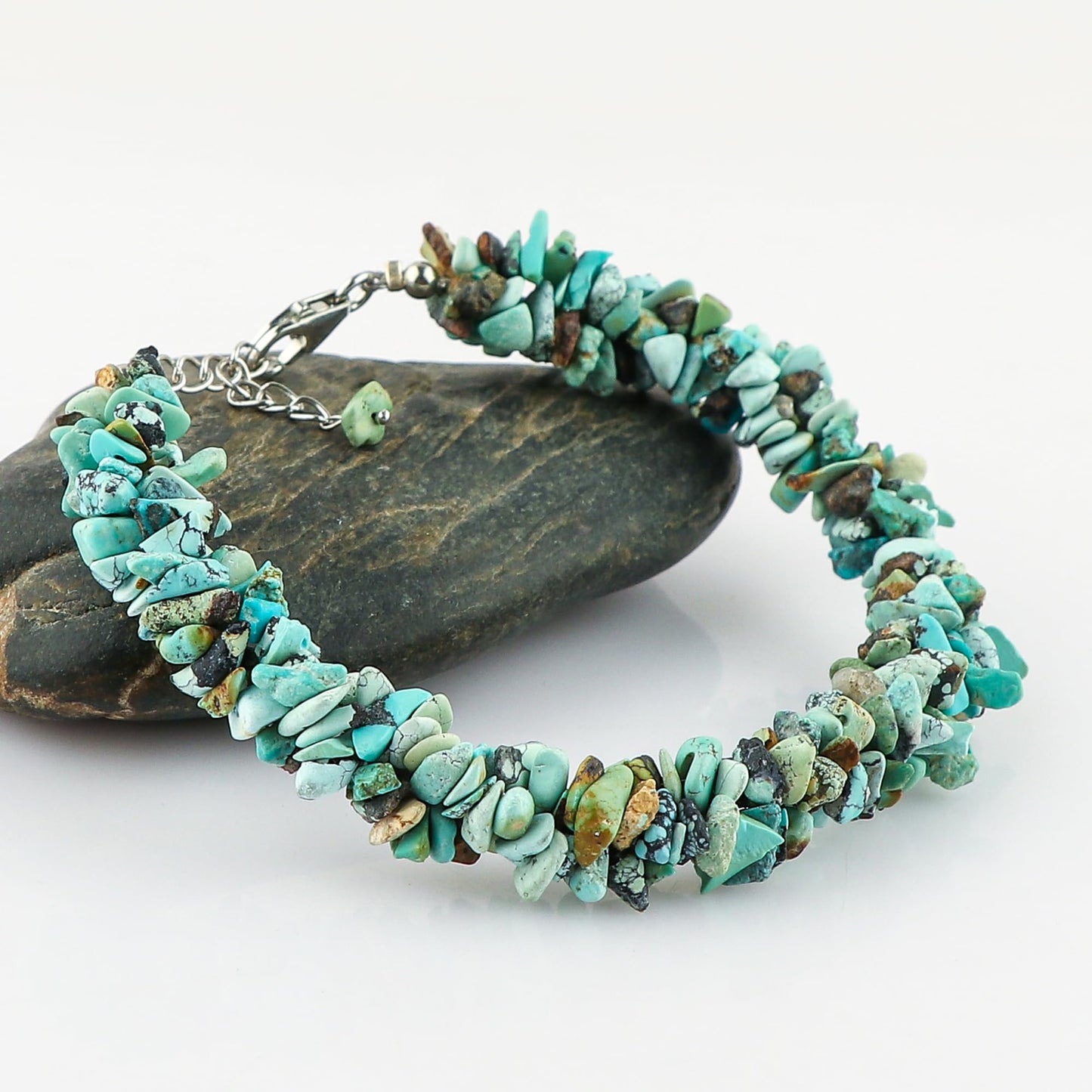 CRYSTALIS Natural Turquoise Beads Braided Rope Bracelet, Chips Nuggets Beaded Gemstones, Chakra Healing Stones, Gift Giving Womens Jewelry, 925 Sterling Silver Bracelet 8 inch