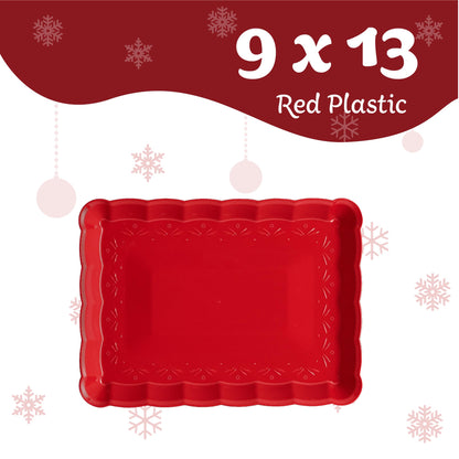 Plasticpro Plastic Serving Trays - Serving Platters Rectangle 9X13 Disposable Party Dish Includes 4 Red Christmas Trays