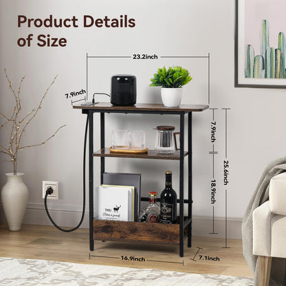 Narrow Side Table with USB-C Charging Station, 3-Tier Slim End Table with Magazine Holder, Modern Thin Side Table for Couch or Small Spaces, Skinny Nightstand for Living Room or Bedroom