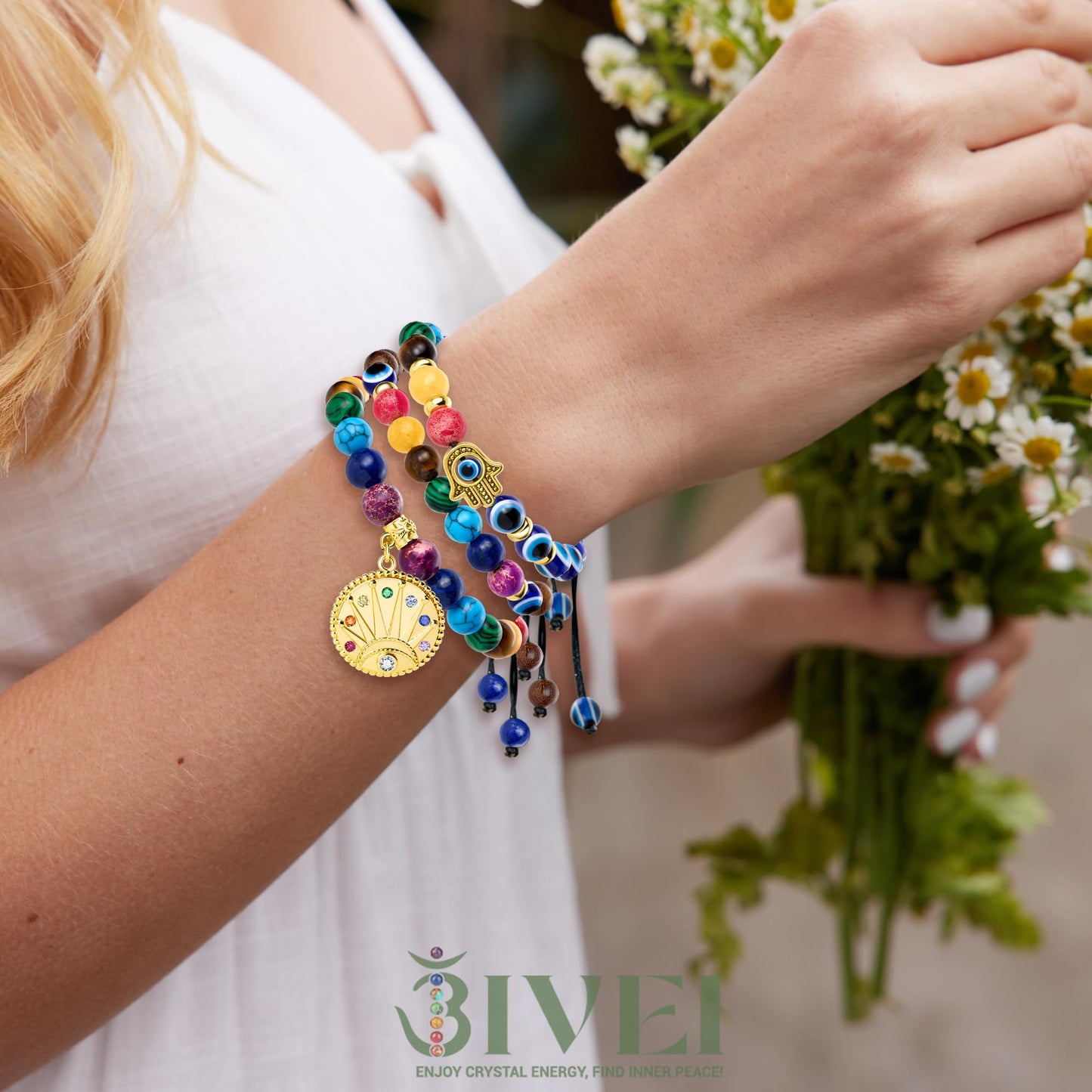Bivei Evil Eye Bracelet Natural Semi Precious Gemstone Beads 7 Chakra Crystal Stone Beaded Adjustable Braided Bracelets for Women Men Yoga Meditation(Evil Eye)