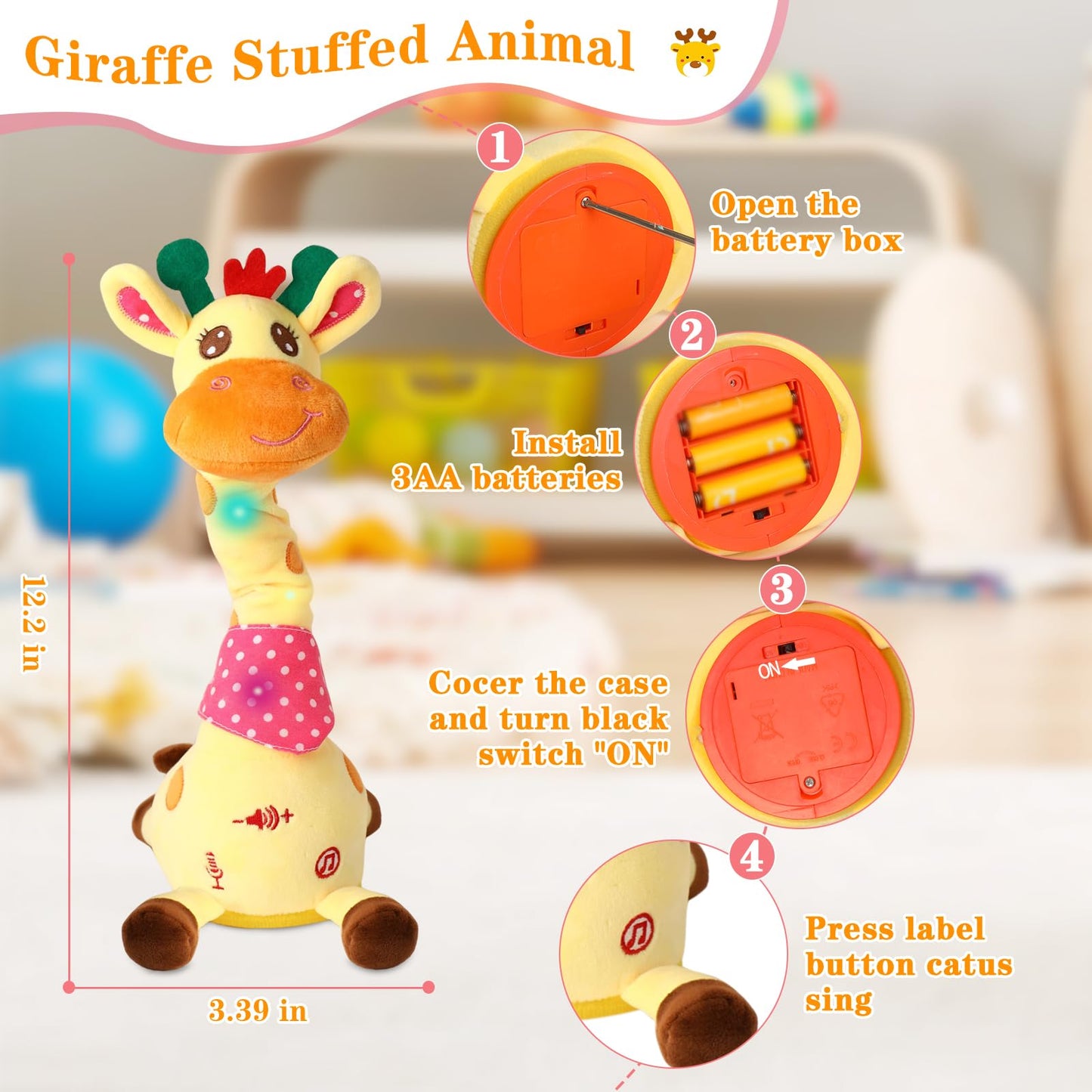 LLUKEME Dancing Talking Giraffe Toy for Baby Girl & Boy, Interactive Stuffed Animal Baby Toy Repeating What You Say, Glowing Musical Giraffe Gifts for Toddlers 1-3 Years Old, for Kids (Giraffe)
