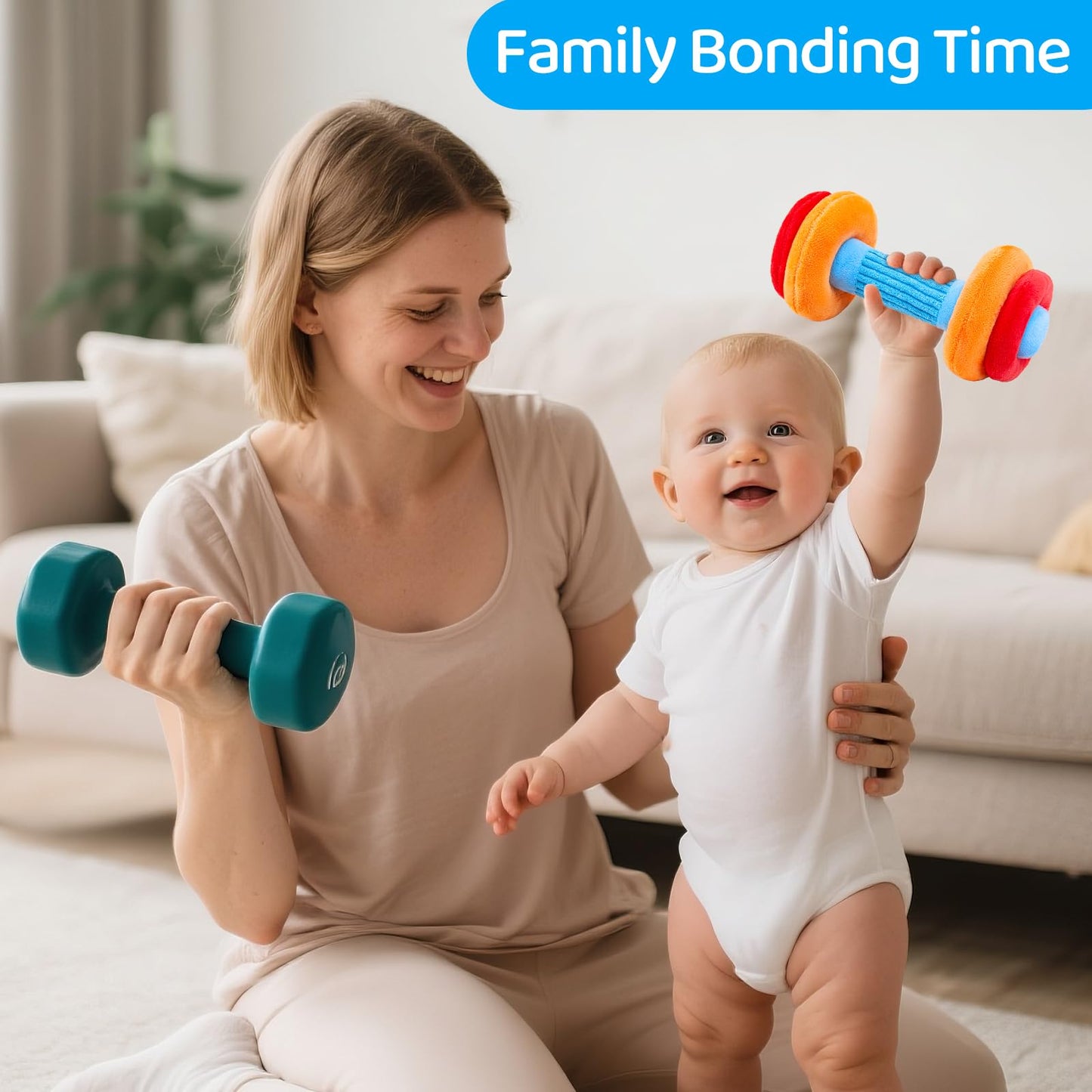Baby Toys 3-6-12 Months Sensory Toy for Babies Workout Dumbbell Weights Toy Set with Rattles,Crinkle,Mirror & Teether,Montessori Toys for 6 Month Old Infant Baby Girl Boy Gifts