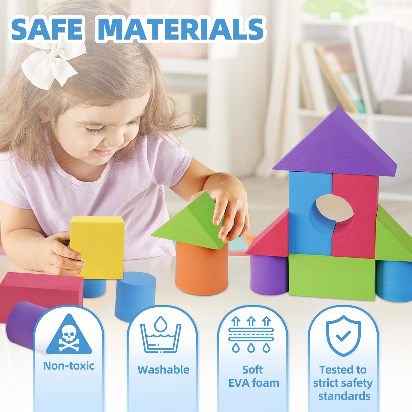 Bingyouth Large Building Foam Blocks for Toddlers, EVA Stacking Foam Building Blocks Toy Set, Non-Toxic, Washable, Early Learning Construction Toys & Gifts for Kids Boys & Girls (Blue, Pieces, 60)
