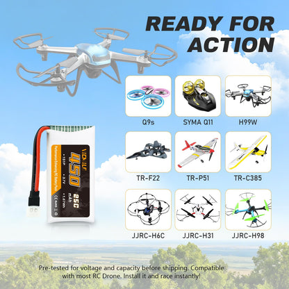 VICMILE 3.7V Lipo Battery 450mAh High Capacity 25C RC Molex Drone Battery with 5-in-1 Charger for SYMA Q11 AT-96 TR-C385 TR-P51 TR-F22 H99W H31 H6C H98 Holy Stone HS170G HS170 HS170C HS230 Quadcopter