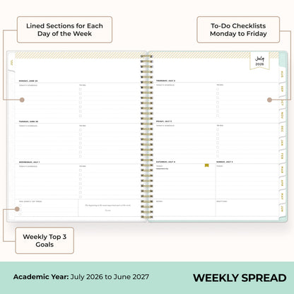 Blue Sky Day Designer 2026-2027 Weekly and Monthly Academic Year Planner Calendar, July 2026 - June 2027, 8.5" x 11", Flexible Cover, Laminated Tabs, Storage Pocket, Includes Stickers, Secret Garden Mint