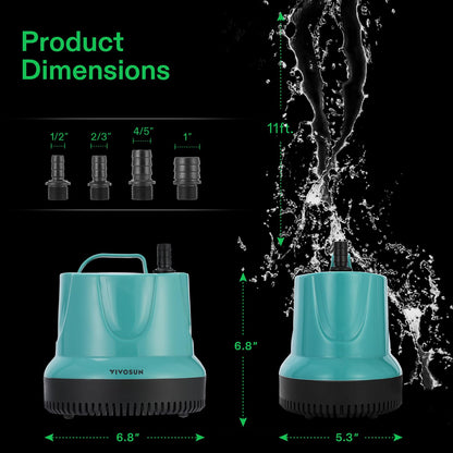 VIVOSUN 1150GPH 100W Submersible Pump for Fish Tank, Pond, Aquarium, Hydroponic Systems with 5ft Power Cord and 4 Nozzles Blue