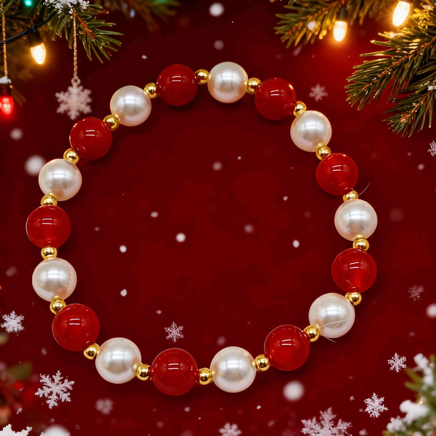 LANFUNI Christmas Bracelet, Shell Pearl Red Agate Elastic Rope Bracelet for Women Sparkly Red and White bracelet Chriatmas Jewelry